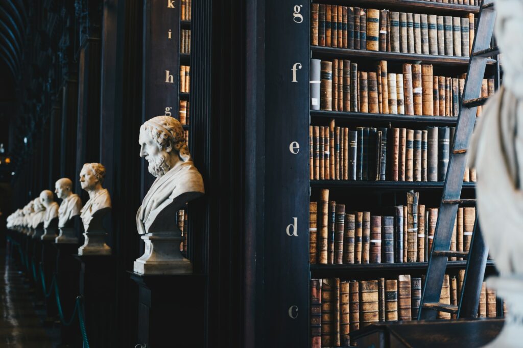a library of legal books and statues